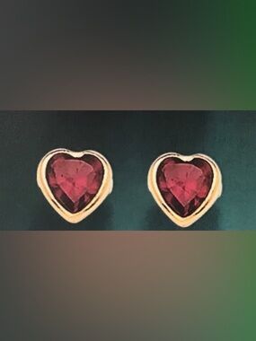 Gold Heart Earrings with Ruby-Red Heart Stones